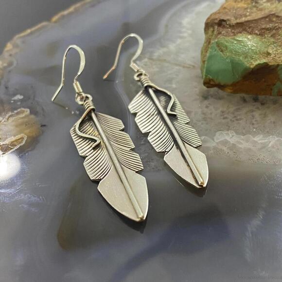Chris Charley Native American Sterling Silver Feather Dangle Earrings For Women - Picture 3 of 10